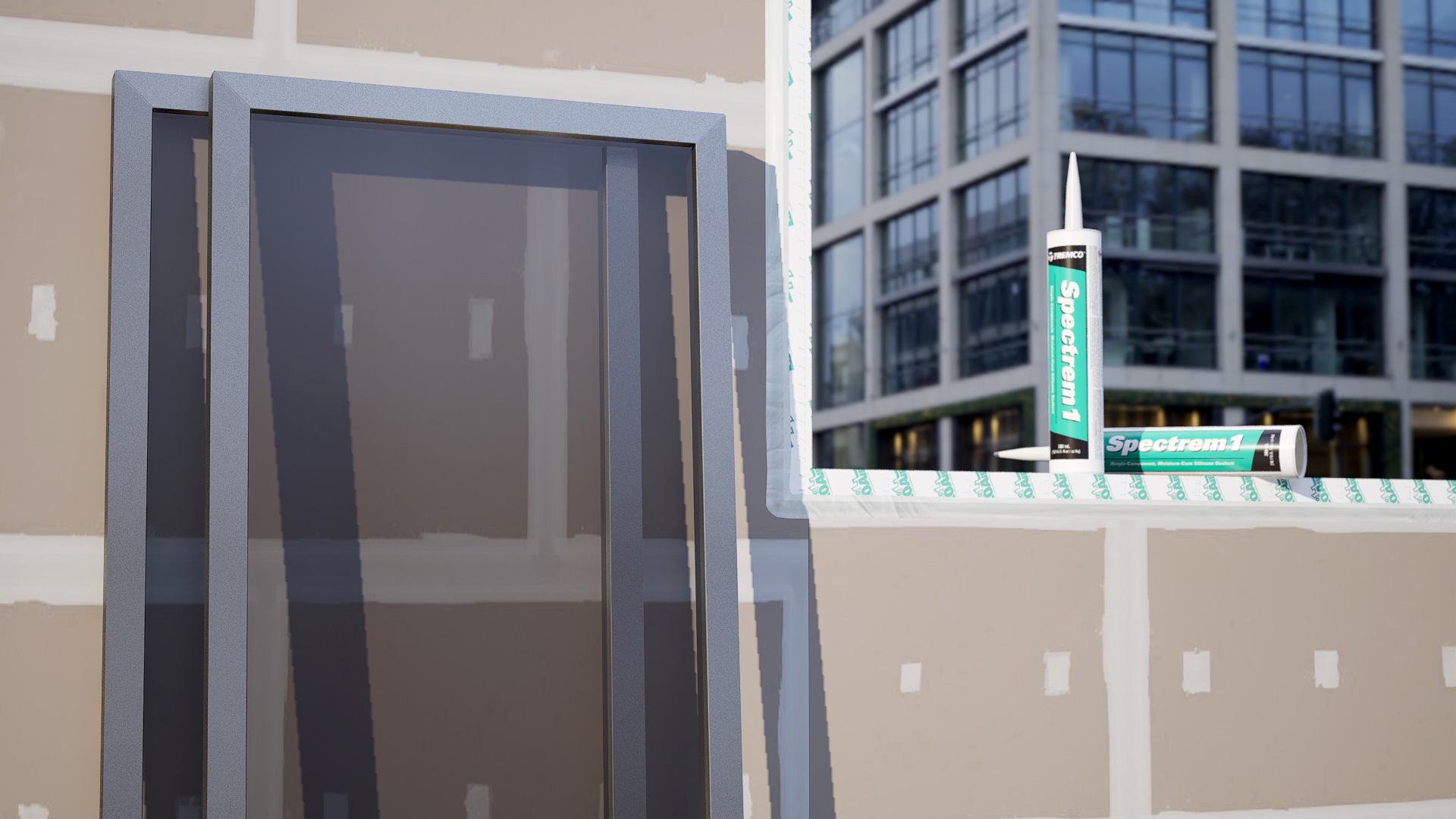 Spectrem 1 sealant cartridges placed on a prepared window frame opening of a building under construction