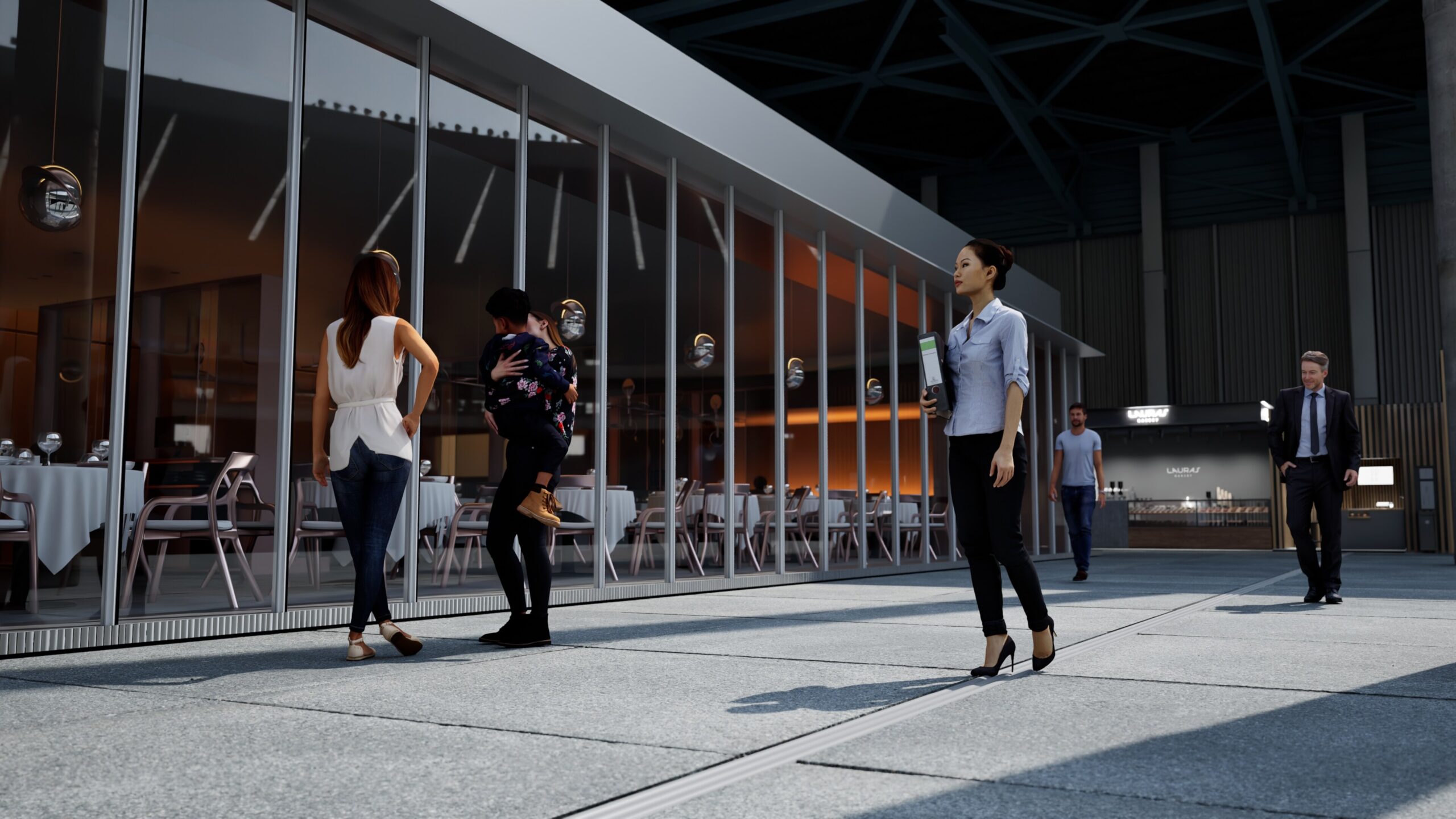 People walking on concrete with visible floor expansion joints near a glass restaurant facade