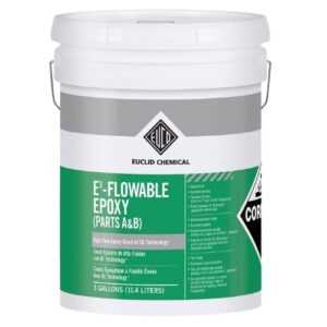 E3-Flowable epoxy grout page showing high-flow, dust-reducing DL Technology™ features