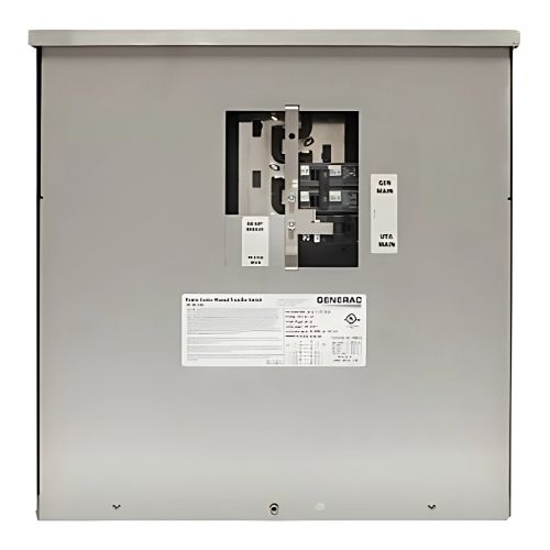Generac manual transfer switch with labeled generator and utility mains.