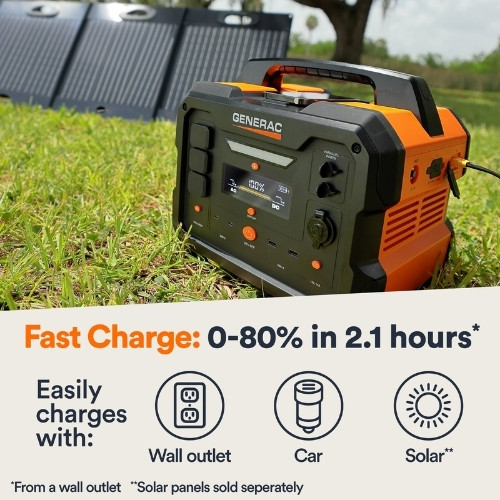 Generac portable power station charging via solar, car, and wall outlet with fast charge.