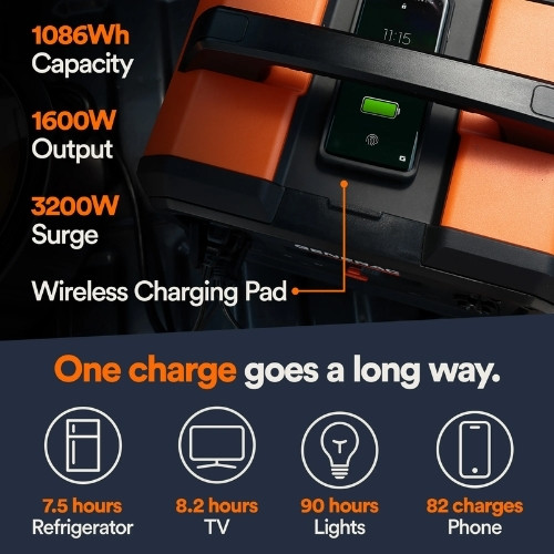 Generac portable power station showing capacity, output, surge, and charging details.