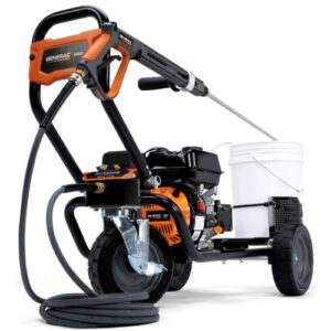 Generac Pro 3300 PSI Gas Pressure Washer with 3.0 GPM flow, heavy-duty steel frame, 5-gallon detergent tank, and 25-foot non-marring hose