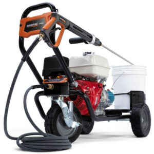 Generac Pro XC 4000 PSI 3.5 GPM Pressure Washer with 35-foot hose, OHV recoil engine, heavy-duty 3-wheel frame, and 5-gallon bucket holder