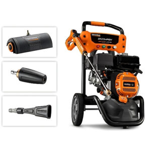 Generac Speedwash 3200 PSI Gas Pressure Washer with 2.7 GPM, brass pump, turbo nozzle, PowerDial spray gun, and 25-foot flex hose